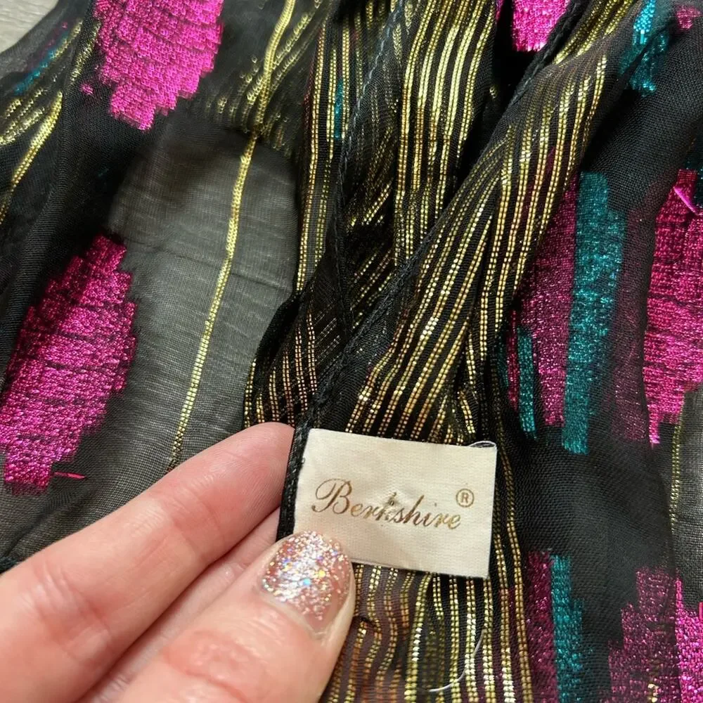 American Vtg Neck Scarf- Metallic- semi sheer bright pink blue- some wear 60x11